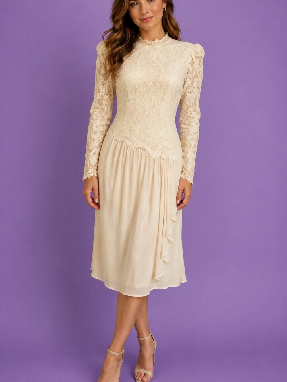VTG RIMINI 1970s Union Made Ivory Lace Colonial Chiffon Ruffle Bridal Dress